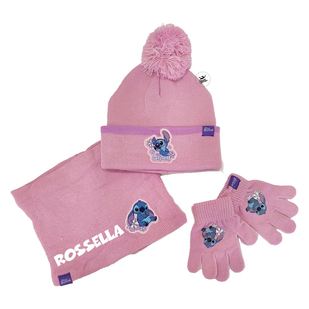 Kit scalda collo, cappellino, e guanti "Stich" lilla