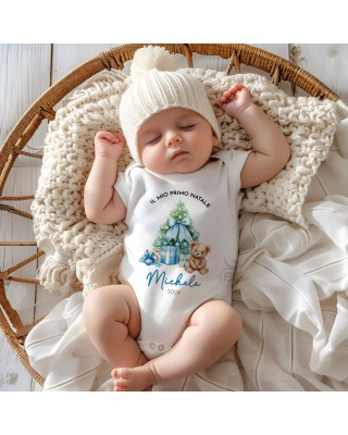 Body Neonato Personalizzabile "Primo Natale" Linea Xmas Magic stampa azzurra