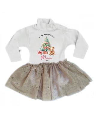 Abitino neonata con gonna in tulle glitterata "Il primo Natale" linea Xmas Magic gonna oro