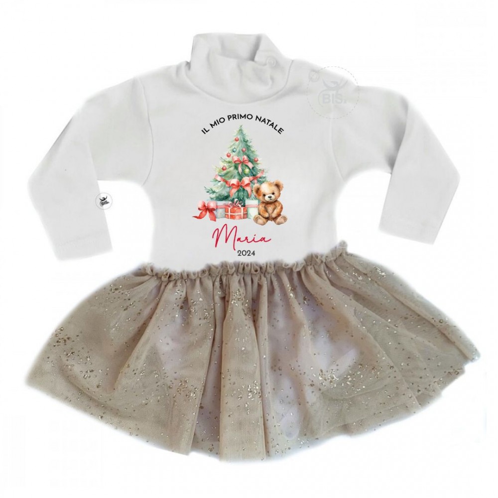 Abitino neonata con gonna in tulle glitterata "Il primo Natale" linea Xmas Magic gonna oro