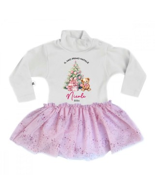 Abitino neonata con gonna in tulle glitterata "Il primo Natale" linea Xmas Magic gonna rosa